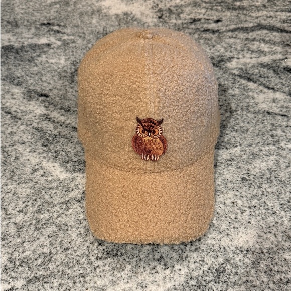New Custom Designed Tan Teddy Fleece Baseball Cap with Brown Owl, Adjustable.